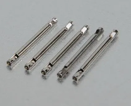 Five nickel-plated pins in a row